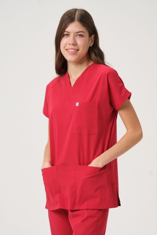 Kırmızı Likralı Scrubs Doktor Hemşire Forması Yarasa Kol Takım Unisex XL