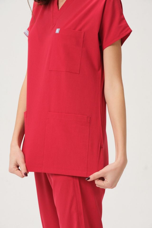 Kırmızı Likralı Scrubs Doktor Hemşire Forması Yarasa Kol Takım Unisex XL