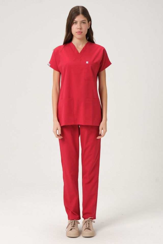 Kırmızı Likralı Scrubs Doktor Hemşire Forması Yarasa Kol Takım Unisex 2XL