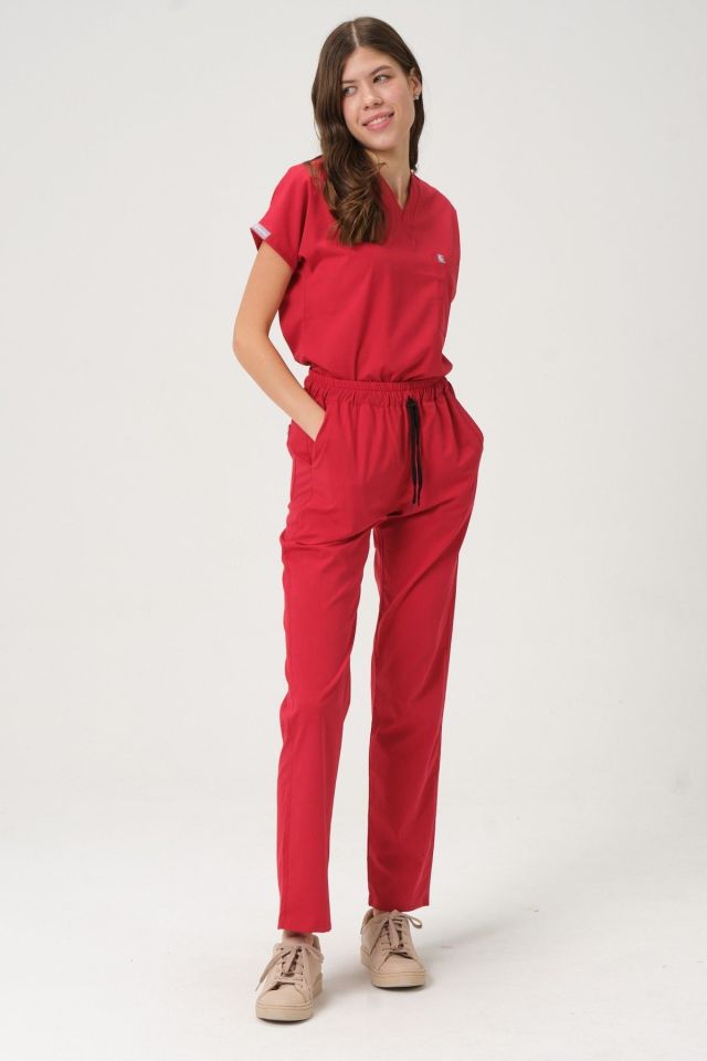 Kırmızı Likralı Scrubs Doktor Hemşire Forması Yarasa Kol Takım Unisex 2XL