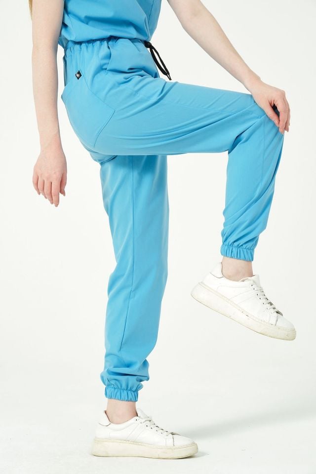 Bebe Mavi Likralı Jogger Paça Doktor Hemşire Forması Tek Alt Unisex 2XS