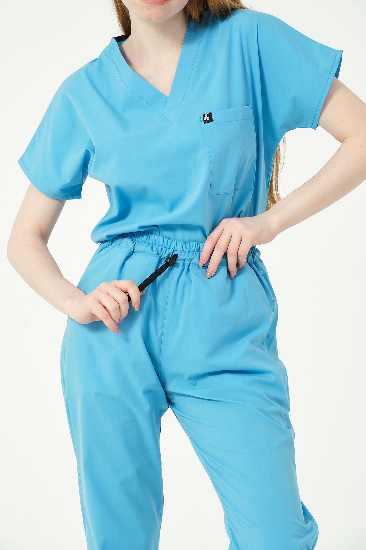 Bebe Mavi Likralı Jogger Paça Doktor Hemşire Forması Tek Alt Unisex