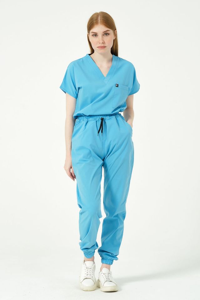 Bebe Mavi Likralı Jogger Paça Doktor Hemşire Forması Tek Alt Unisex 2XS