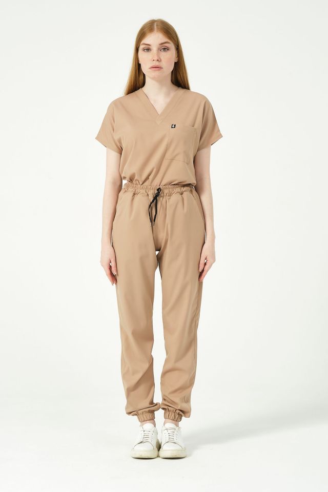 Bej Likralı Jogger Paça Doktor Hemşire Forması Tek Alt Unisex