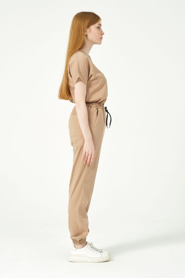 Bej Likralı Jogger Paça Doktor Hemşire Forması Tek Alt Unisex