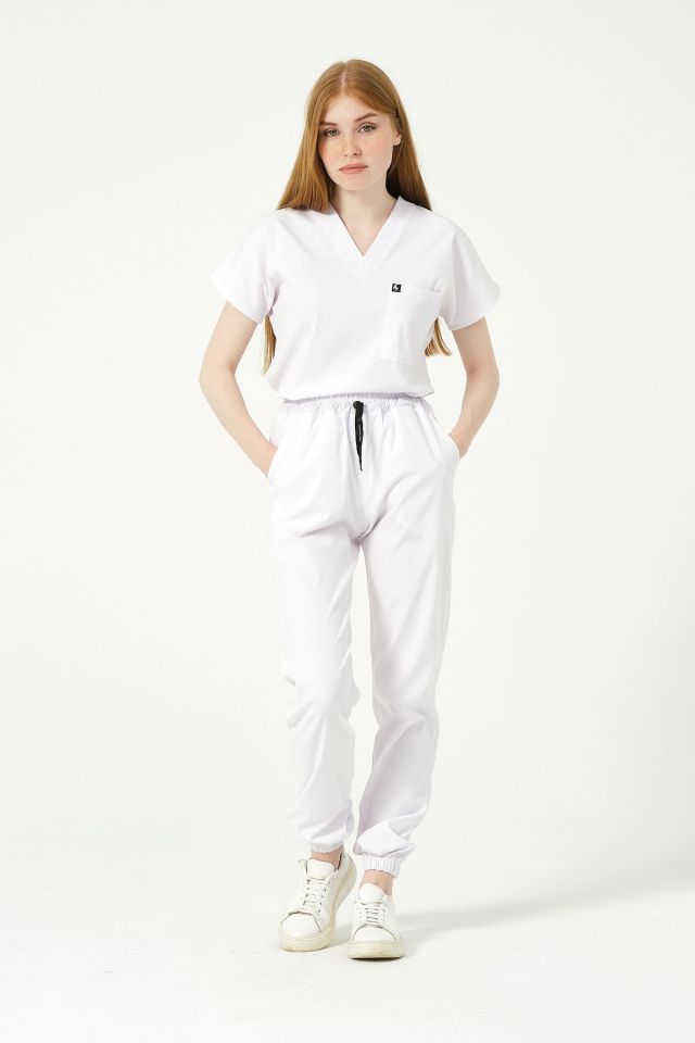 Beyaz Likralı Jogger Paça Doktor Hemşire Forması Tek Alt Unisex