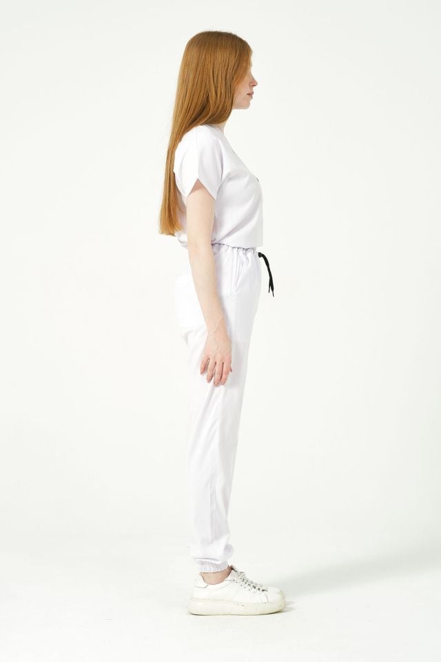 Beyaz Likralı Jogger Paça Doktor Hemşire Forması Tek Alt Unisex