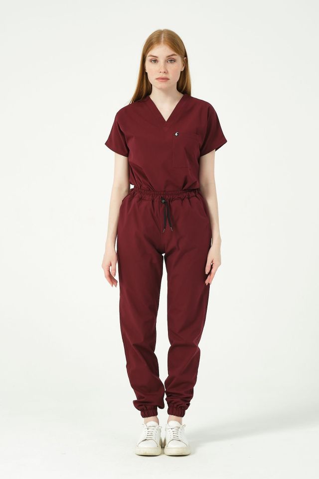 Bordo Likralı Jogger Paça Doktor Hemşire Forması Tek Alt Unisex
