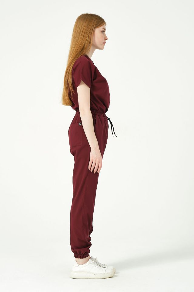 Bordo Likralı Jogger Paça Doktor Hemşire Forması Tek Alt Unisex