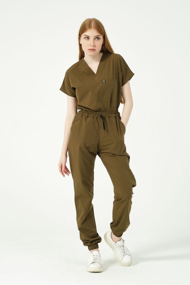 Haki Likralı Jogger Paça Doktor Hemşire Forması Tek Alt Unisex 2XS