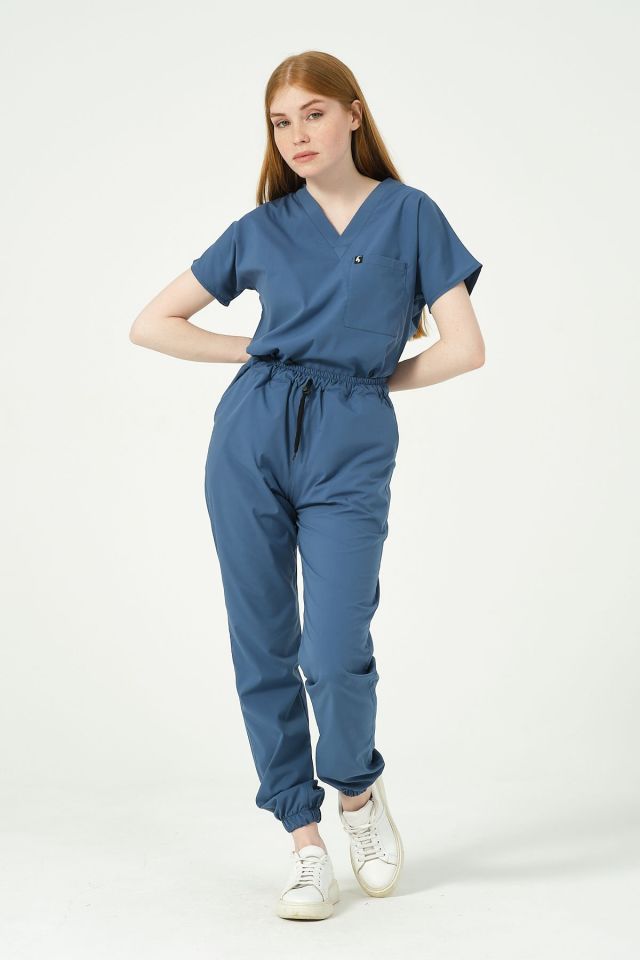 İndigo Likralı Jogger Paça Doktor Hemşire Forması Tek Alt Unisex