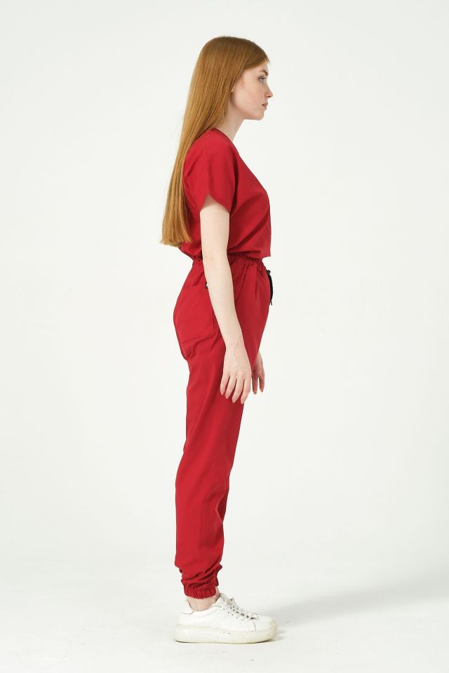 Kırmızı Likralı Jogger Paça Doktor Hemşire Forması Tek Alt Unisex