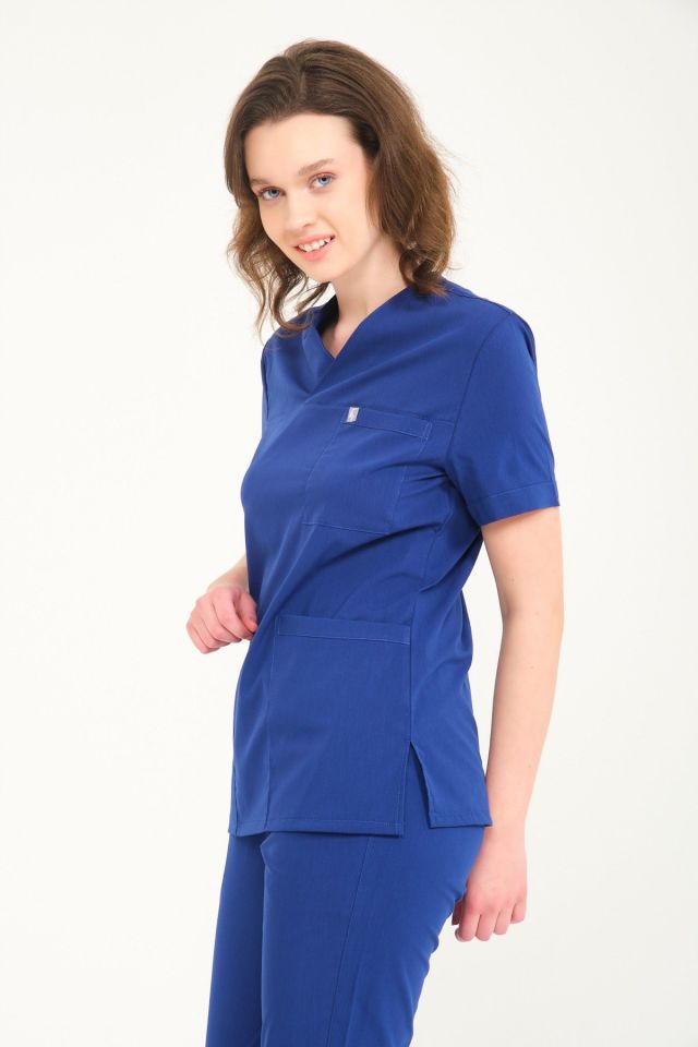 Saks Mavi Likralı Zarf Yaka Scrubs Doktor Hemşire Forması Tek Üst 2XL