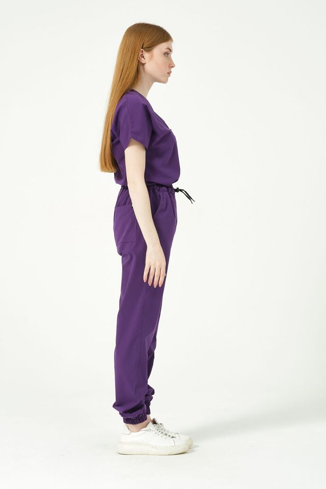 Mor Likralı Jogger Paça Doktor Hemşire Forması Tek Alt Unisex