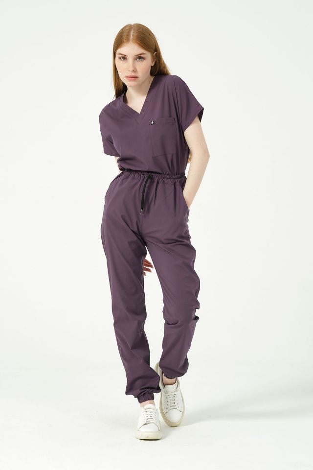 Mürdüm Likralı Jogger Paça Doktor Hemşire Forması Tek Alt Unisex