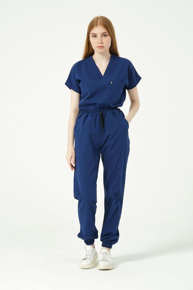 Saks Mavi Likralı Jogger Paça Doktor Hemşire Forması Tek Alt Unisex