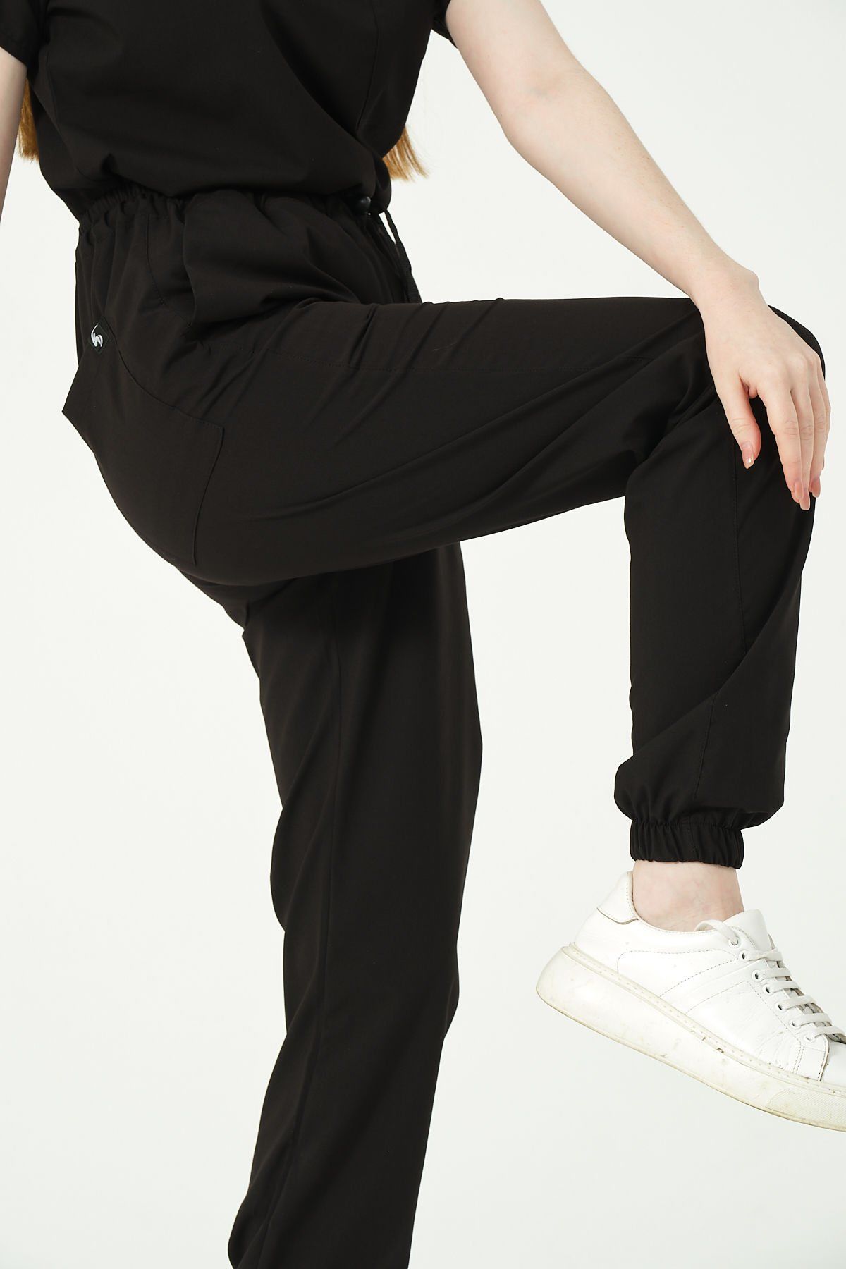 Siyah Likralı Jogger Paça Doktor Hemşire Forması Tek Alt Unisex