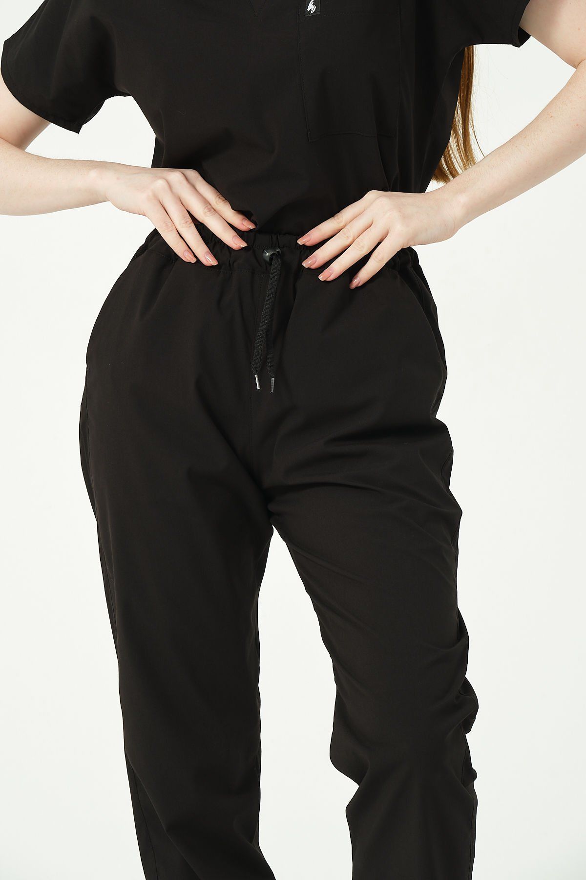 Siyah Likralı Jogger Paça Doktor Hemşire Forması Tek Alt Unisex