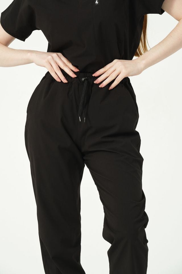 Siyah Likralı Jogger Paça Doktor Hemşire Forması Tek Alt Unisex