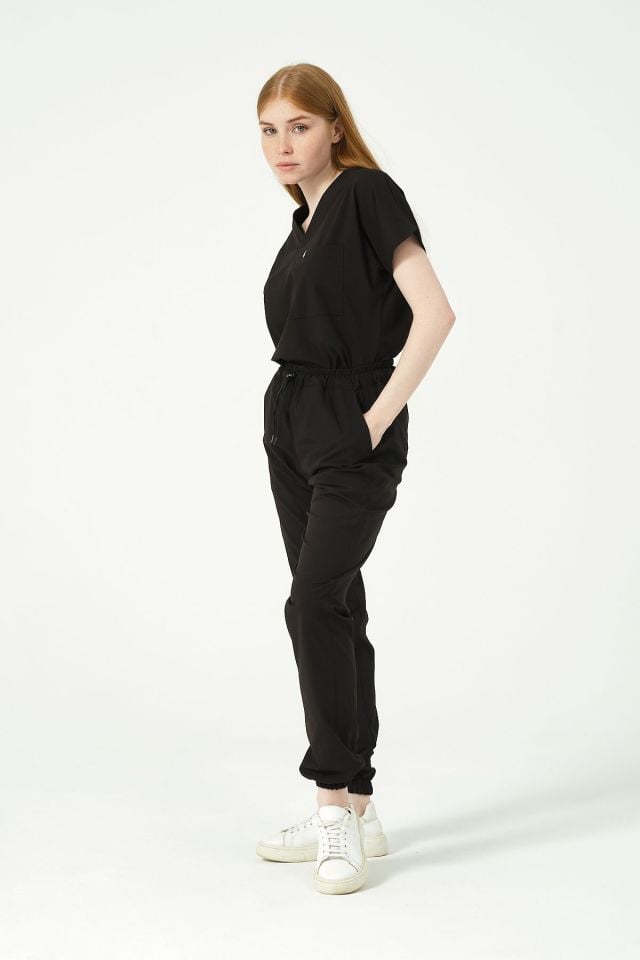 Siyah Likralı Jogger Paça Doktor Hemşire Forması Tek Alt Unisex