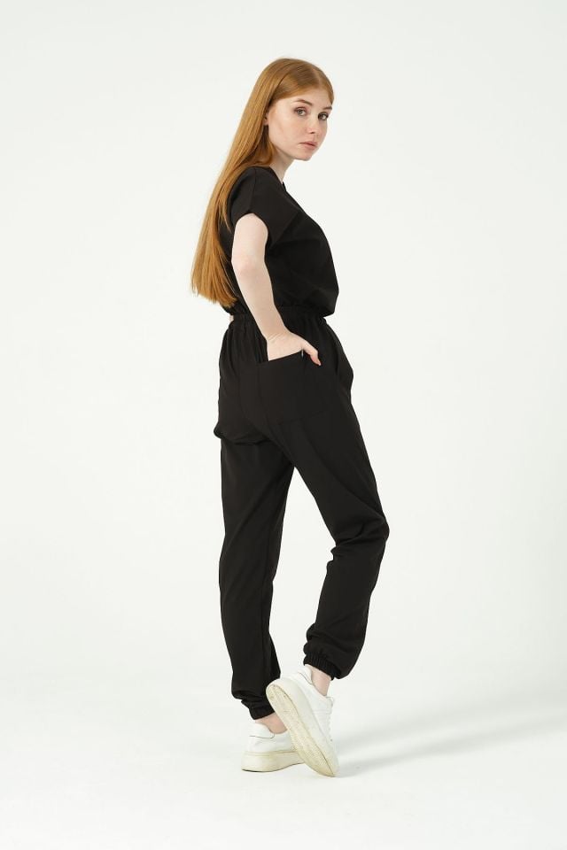 Siyah Likralı Jogger Paça Doktor Hemşire Forması Tek Alt Unisex