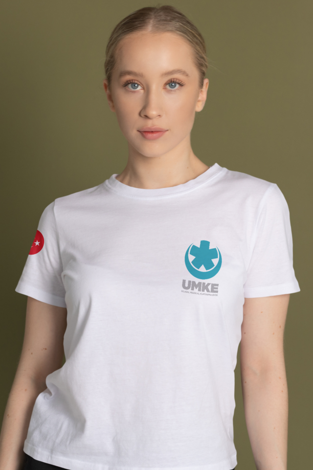 Beyaz UMKE Bisiklet Yaka Penye Tişört Unisex