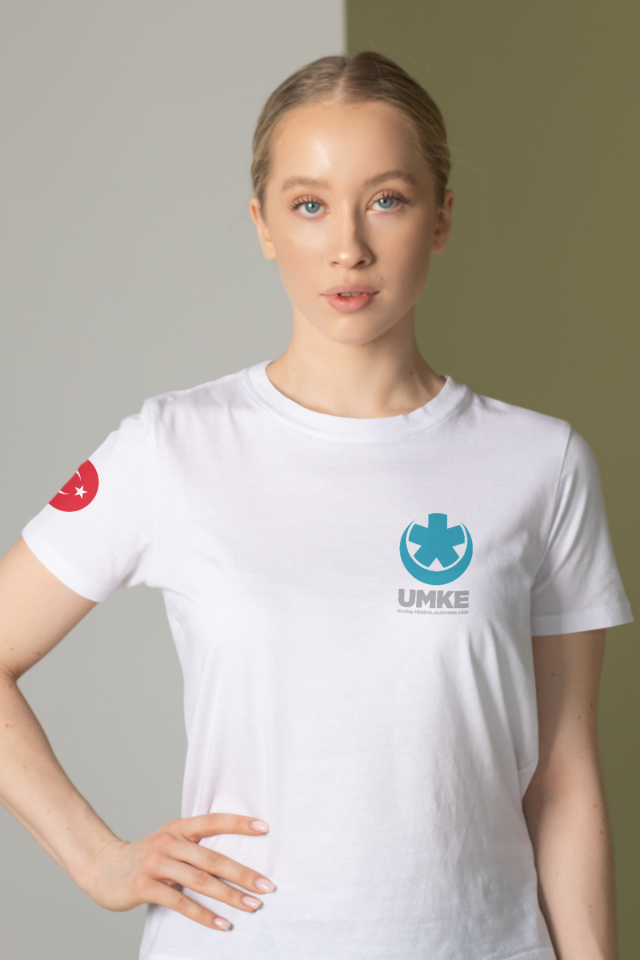 Beyaz UMKE Bisiklet Yaka Penye Tişört Unisex