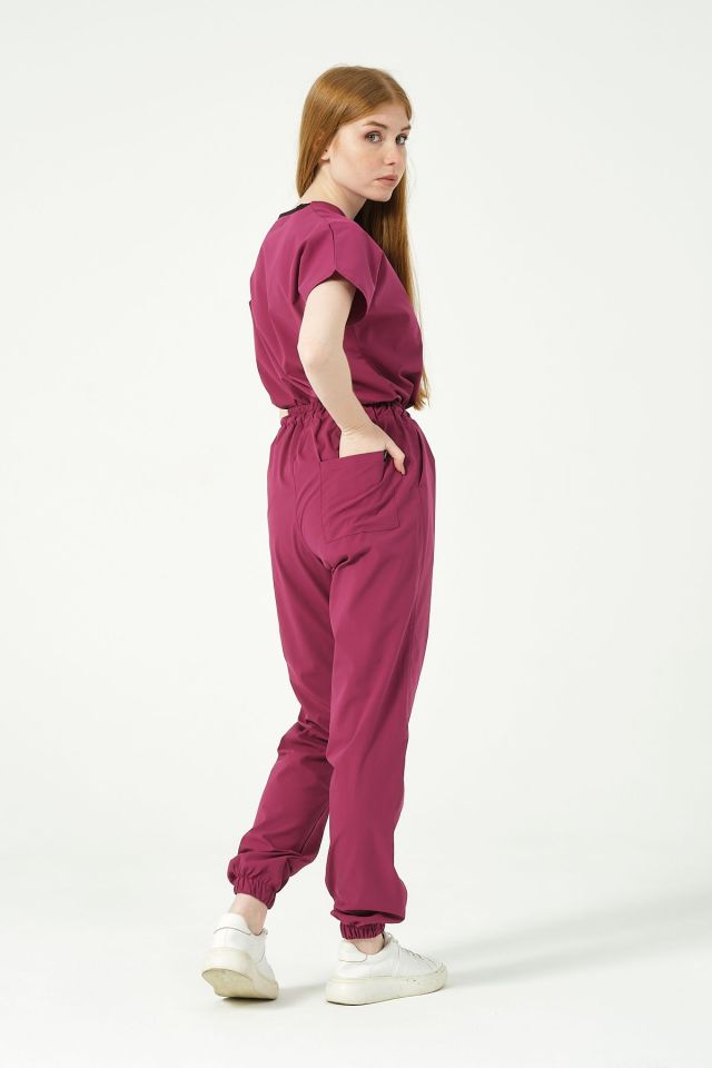 Vişne Likralı Jogger Paça Doktor Hemşire Forması Tek Alt Unisex