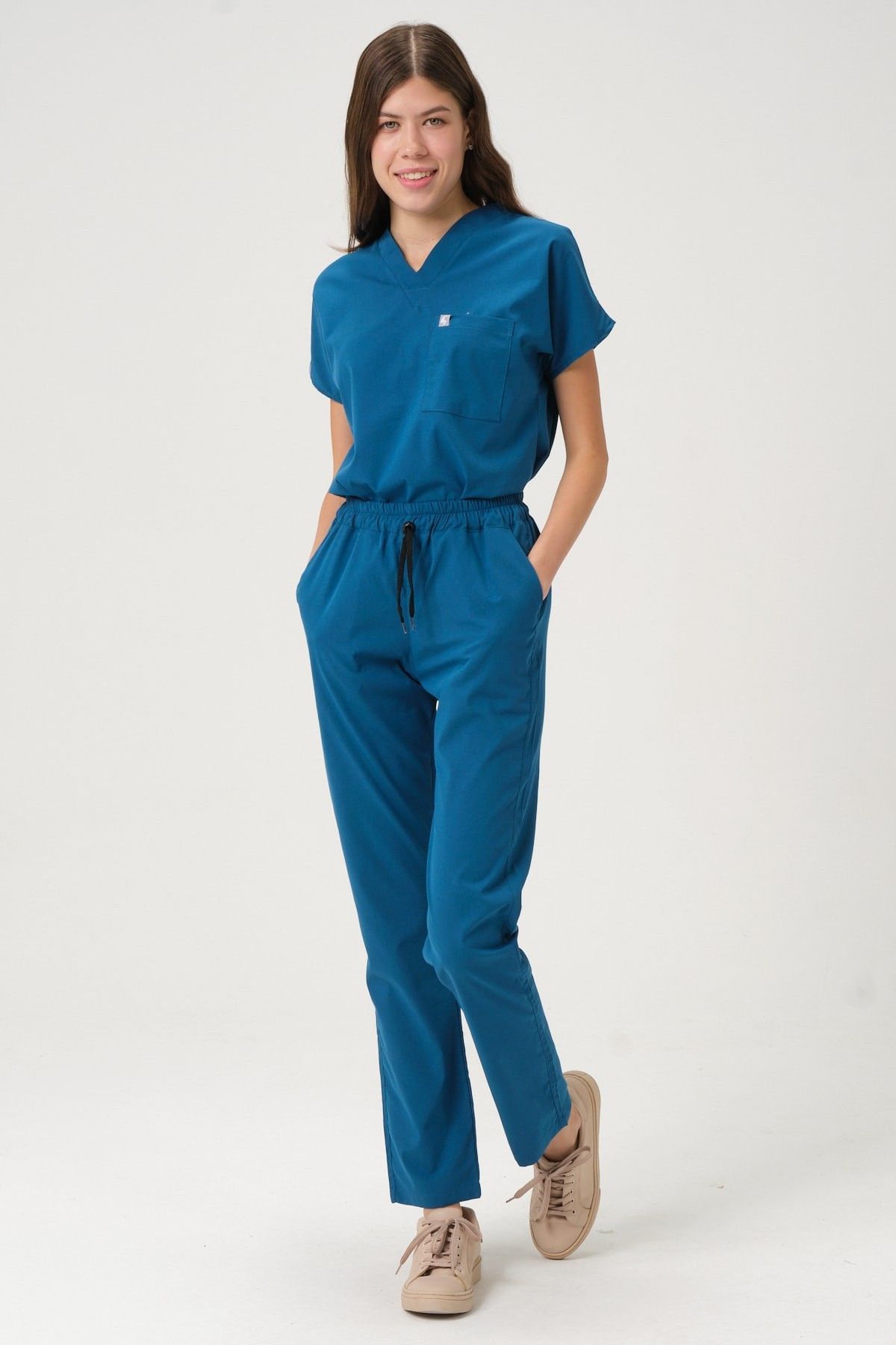 Turkuaz Likralı Scrubs Doktor Hemşire Forması Yarasa Kol Takım Unisex XS