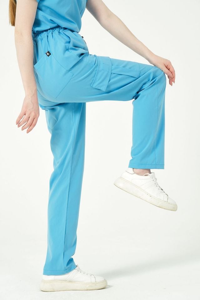 Bebe Mavi Likralı Kargo Cep Doktor Hemşire Forması Tek Alt Unisex