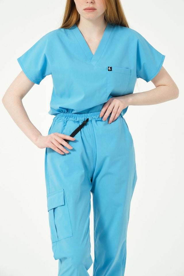 Bebe Mavi Likralı Kargo Cep Doktor Hemşire Forması Tek Alt Unisex