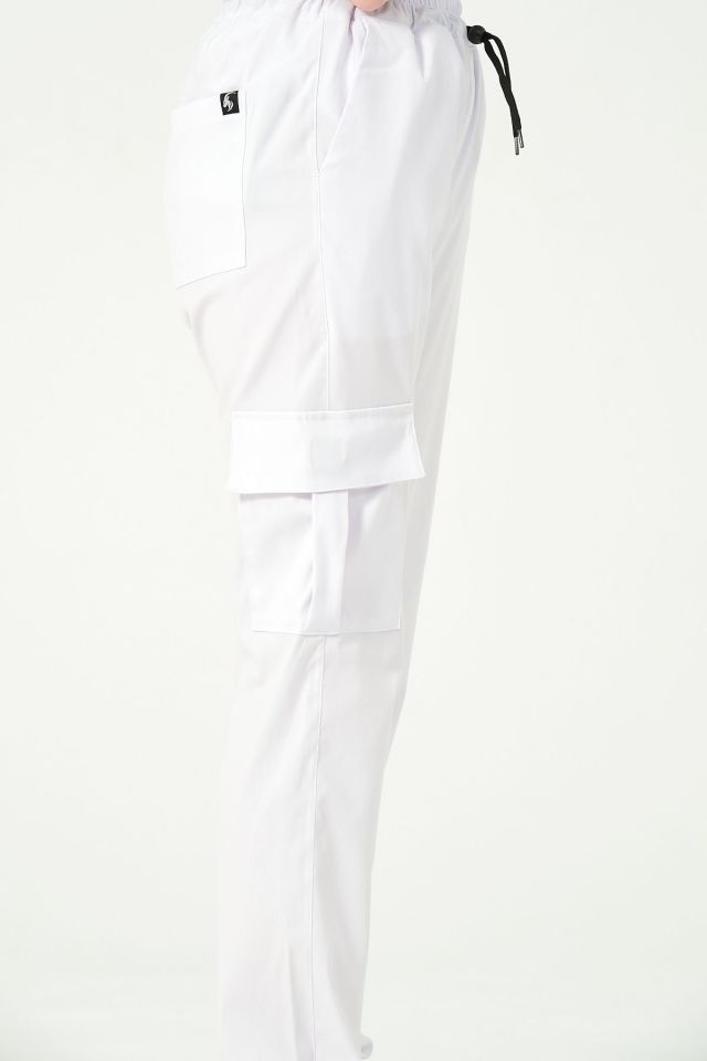 Beyaz Likralı Kargo Cep Doktor Hemşire Forması Tek Alt Unisex