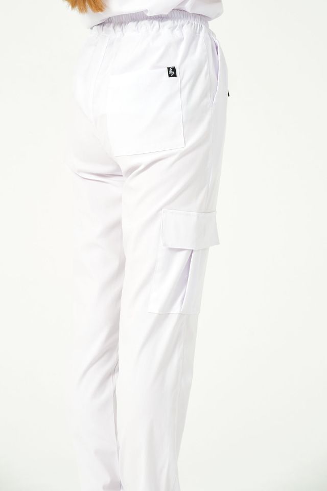 Beyaz Likralı Kargo Cep Doktor Hemşire Forması Tek Alt Unisex