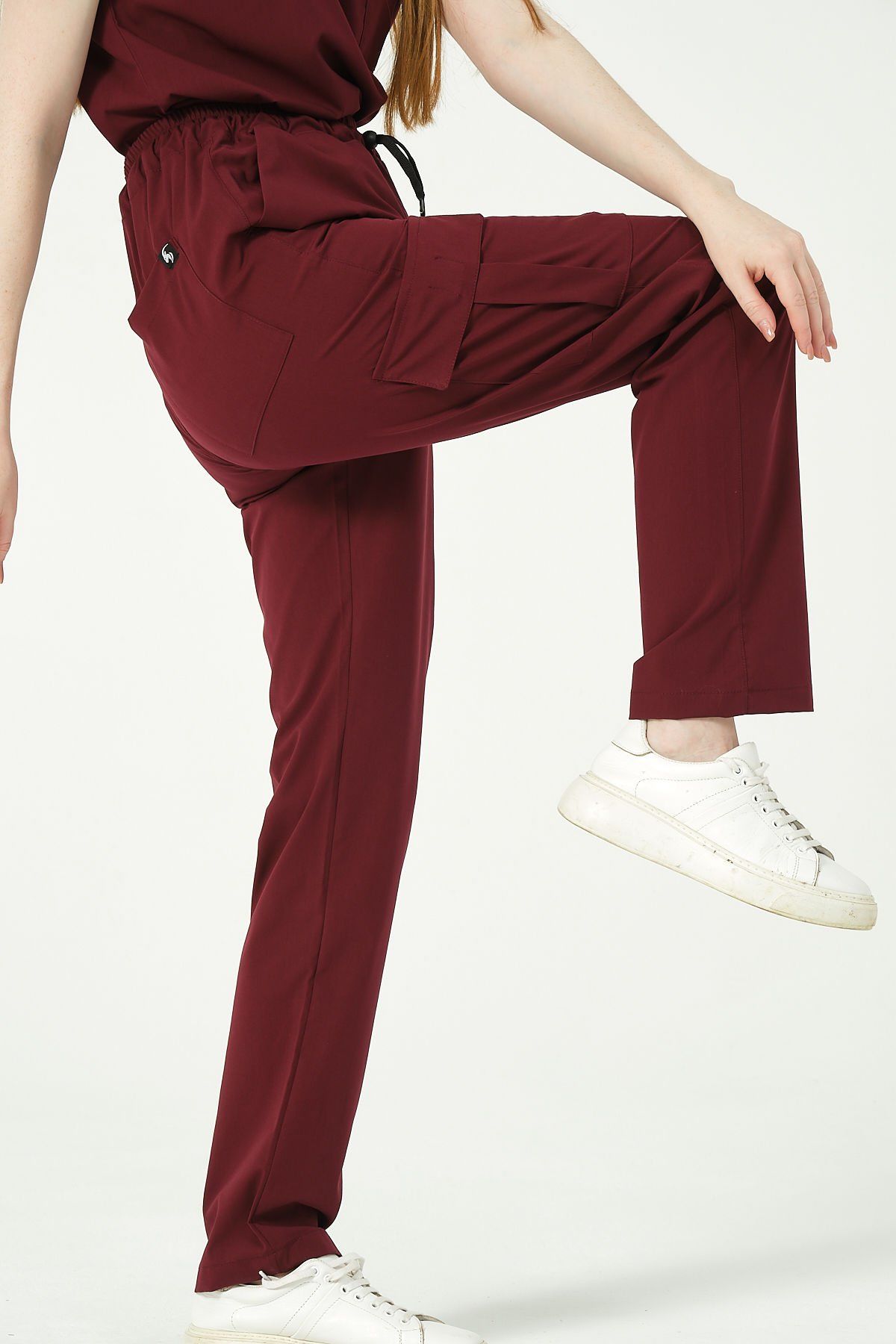 Bordo Likralı Kargo Cep Doktor Hemşire Forması Tek Alt Unisex 2XS