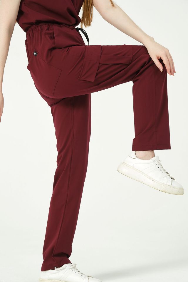 Bordo Likralı Kargo Cep Doktor Hemşire Forması Tek Alt Unisex