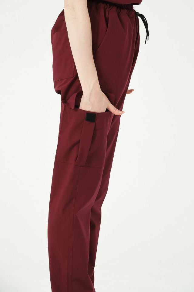 Bordo Likralı Kargo Cep Doktor Hemşire Forması Tek Alt Unisex
