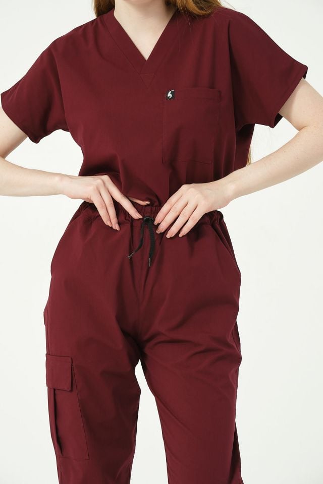 Bordo Likralı Kargo Cep Doktor Hemşire Forması Tek Alt Unisex 2XS