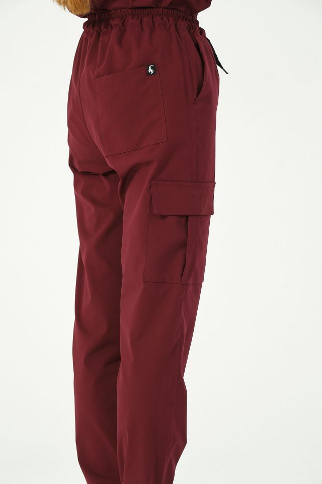 Bordo Likralı Kargo Cep Doktor Hemşire Forması Tek Alt Unisex 2XS