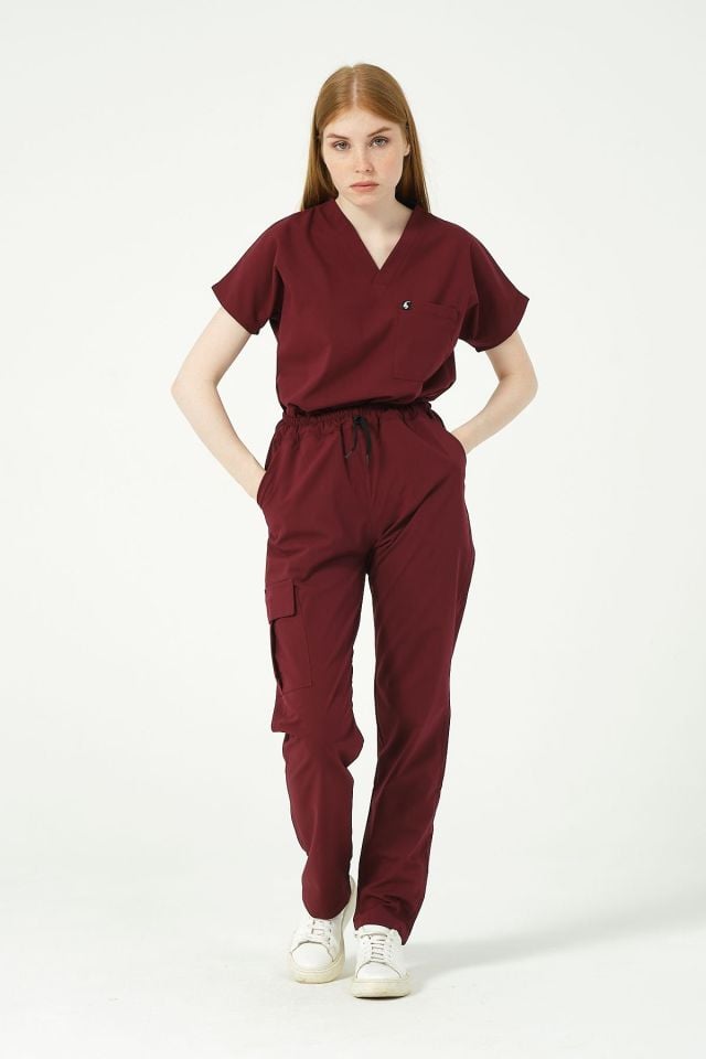 Bordo Likralı Kargo Cep Doktor Hemşire Forması Tek Alt Unisex 2XS