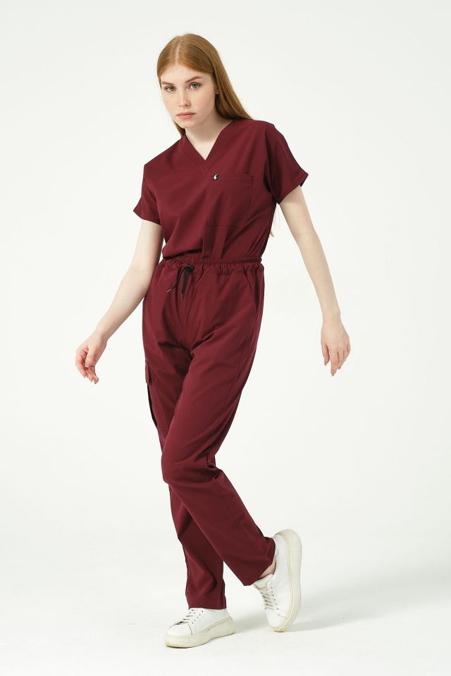 Bordo Likralı Kargo Cep Doktor Hemşire Forması Tek Alt Unisex 2XS