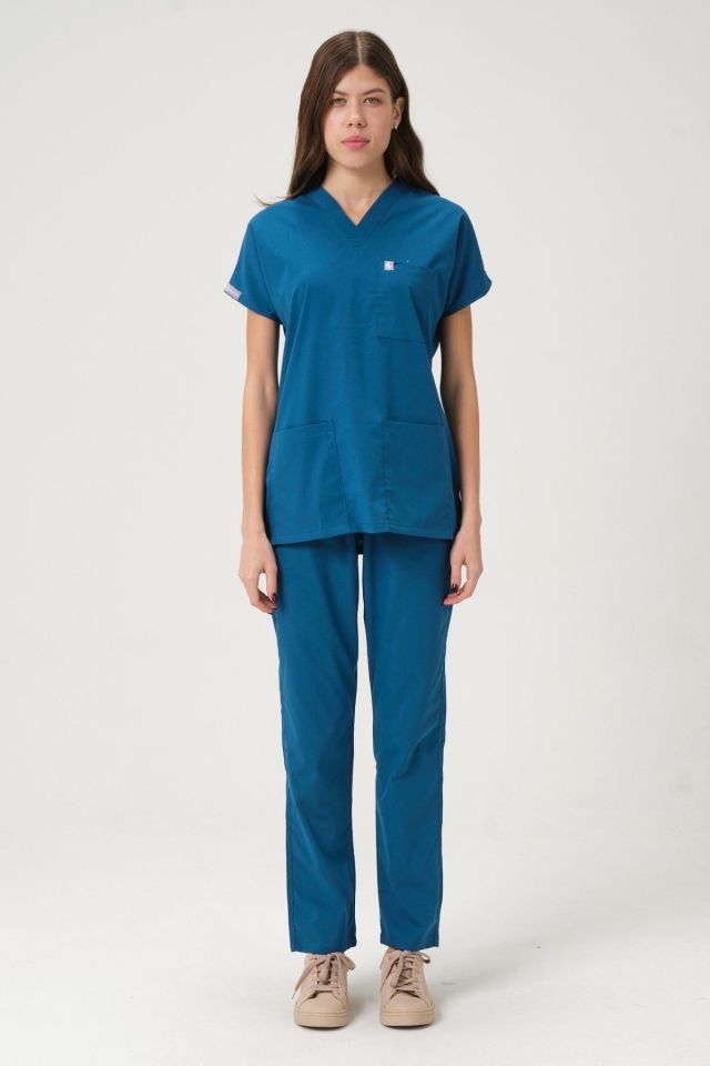 Turkuaz Likralı Scrubs Doktor Hemşire Forması Yarasa Kol Takım Unisex XL