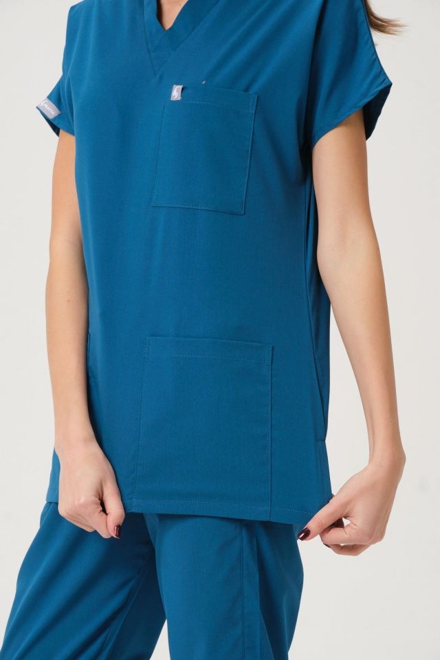 Turkuaz Likralı Scrubs Doktor Hemşire Forması Yarasa Kol Takım Unisex XL