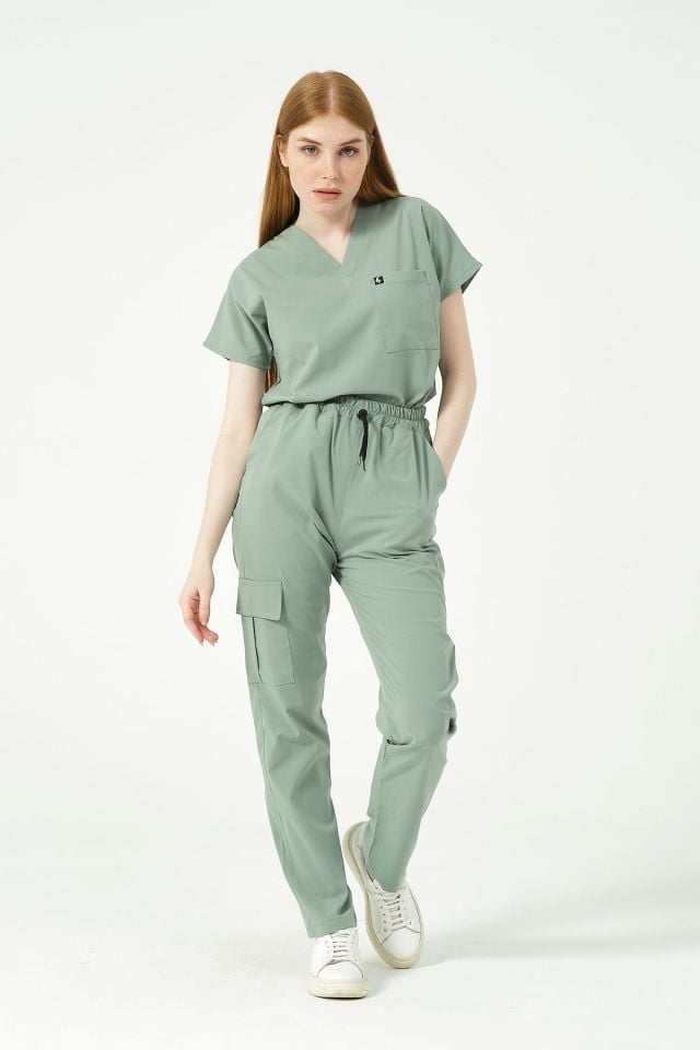 Çağla Yeşili Likralı Kargo Cep Doktor Hemşire Forması Tek Alt Unisex