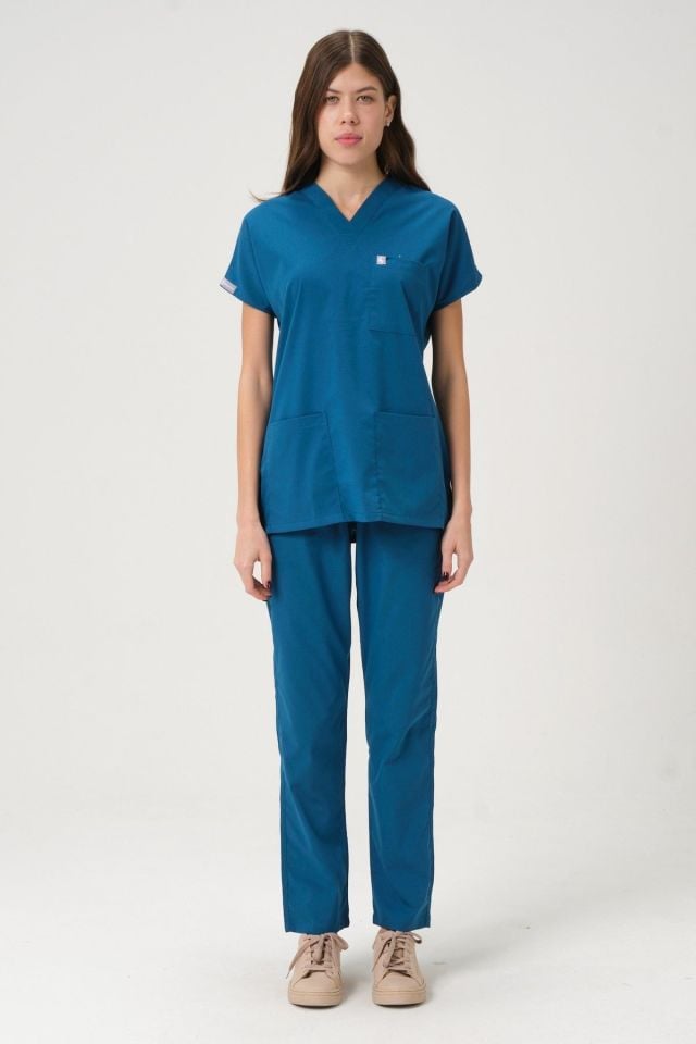 Turkuaz Likralı Scrubs Doktor Hemşire Forması Yarasa Kol Takım Unisex 2XL