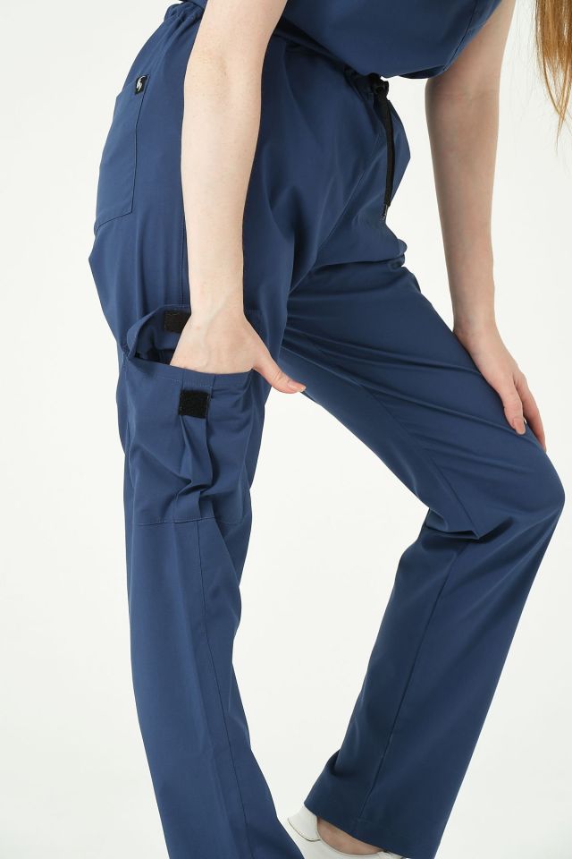 Fırtına Mavi Likralı Kargo Cep Doktor Hemşire Forması Tek Alt Unisex