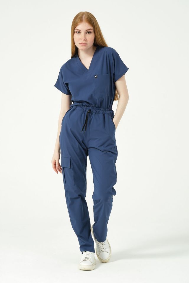 Fırtına Mavi Likralı Kargo Cep Doktor Hemşire Forması Tek Alt Unisex