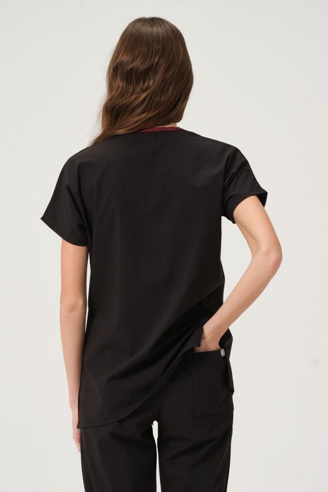 Siyah Likralı Scrubs Doktor Hemşire Forması Yarasa Kol Takım Unisex 2XS