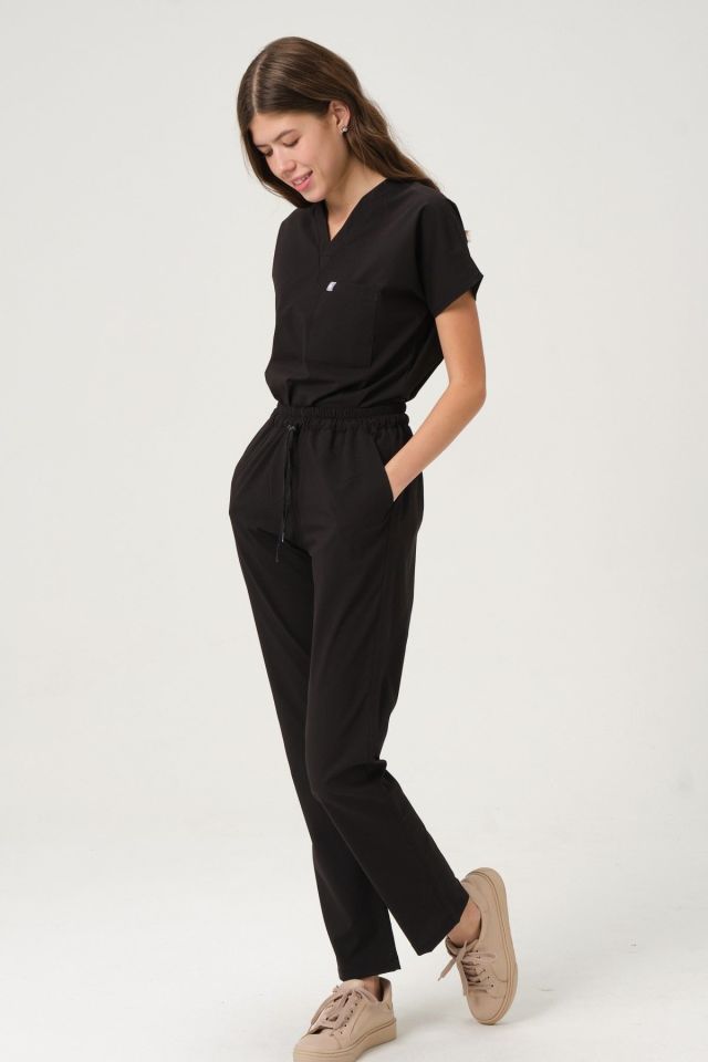 Siyah Likralı Scrubs Doktor Hemşire Forması Yarasa Kol Takım Unisex XS