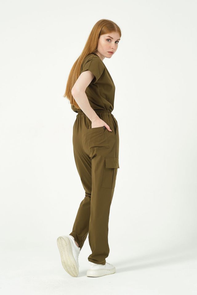 Haki Likralı Kargo Cep Doktor Hemşire Forması Tek Alt Unisex