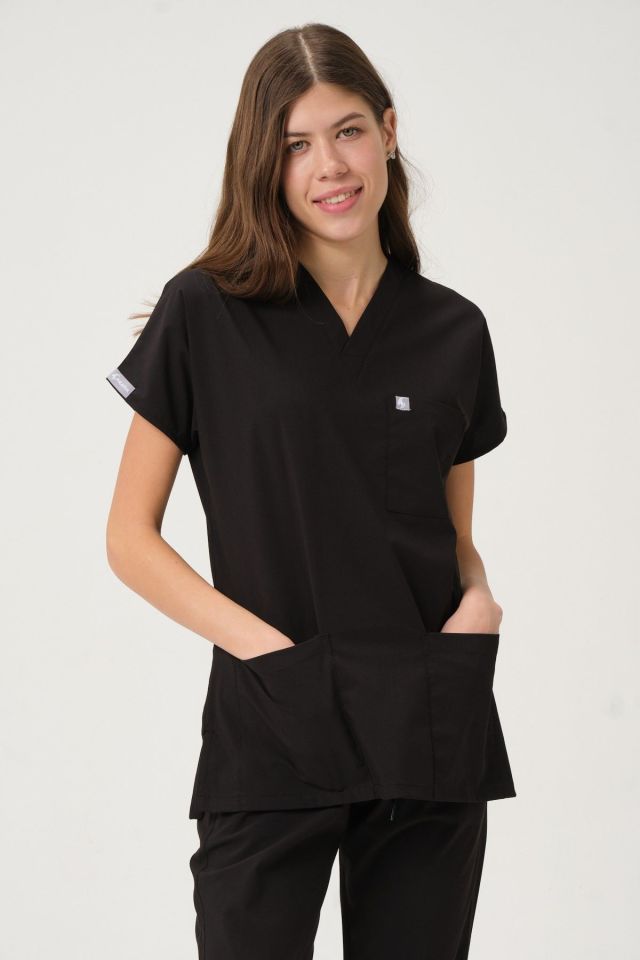 Siyah Likralı Scrubs Doktor Hemşire Forması Yarasa Kol Takım Unisex S